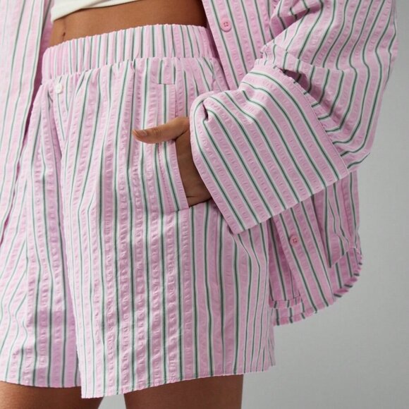 Pink Casual Women's Striped Loungewear Button down top & shorts Coord set - Picture 5 of 6